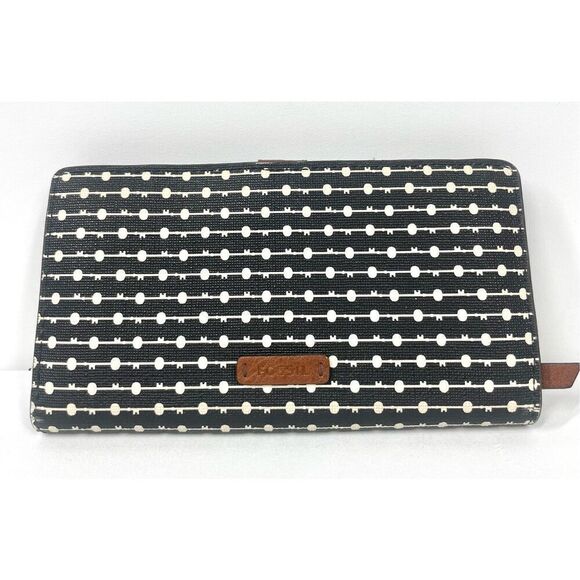Fossil LOGAN Bifold Black Stripe Long Snap Button Wallet Brown Accent NWOT - Picture 1 of 3